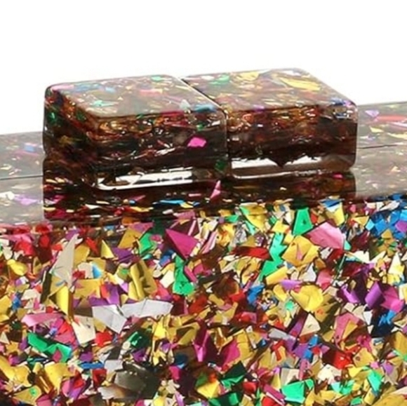 Abstract Glitter Hard Acrylic Clutch Bag Confetti Box Purse Gold Multi Crossbody